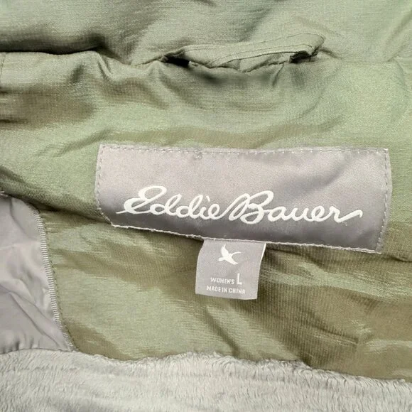 Eddie Bauer Long Puffer Down Coat Quilted Olive Green Nylon Blend Size L - Picture 8 of 9